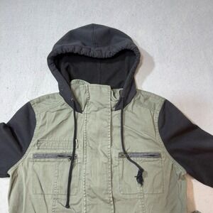 LA Hearts Womens Utility Jacket Olive Green Charcoal Grey Hooded Mixed Media L